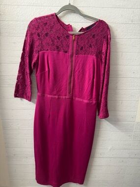 Mango Fuchsia Lace-Detail Midi Sheath Dress